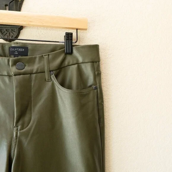 NYDJ Sculpt-Her Olive Faux Leather Straight Leg Pants Lift Tuck Women Size 4